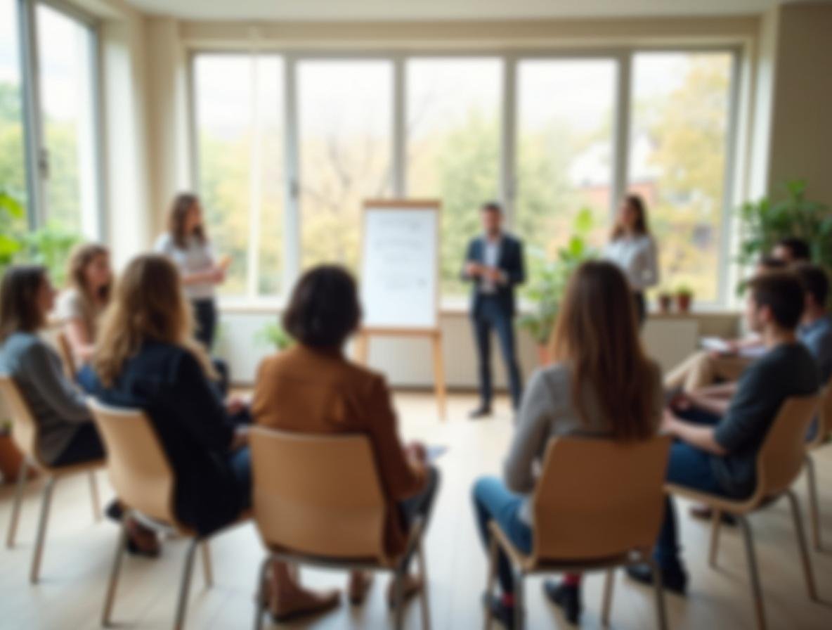 Skupinový workshop o zvládaní stresu v svetlej miestnosti